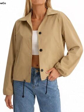 Cropped Bomber Jacket Women Lightweight Casual Long Sleeve Button Up Khaki
